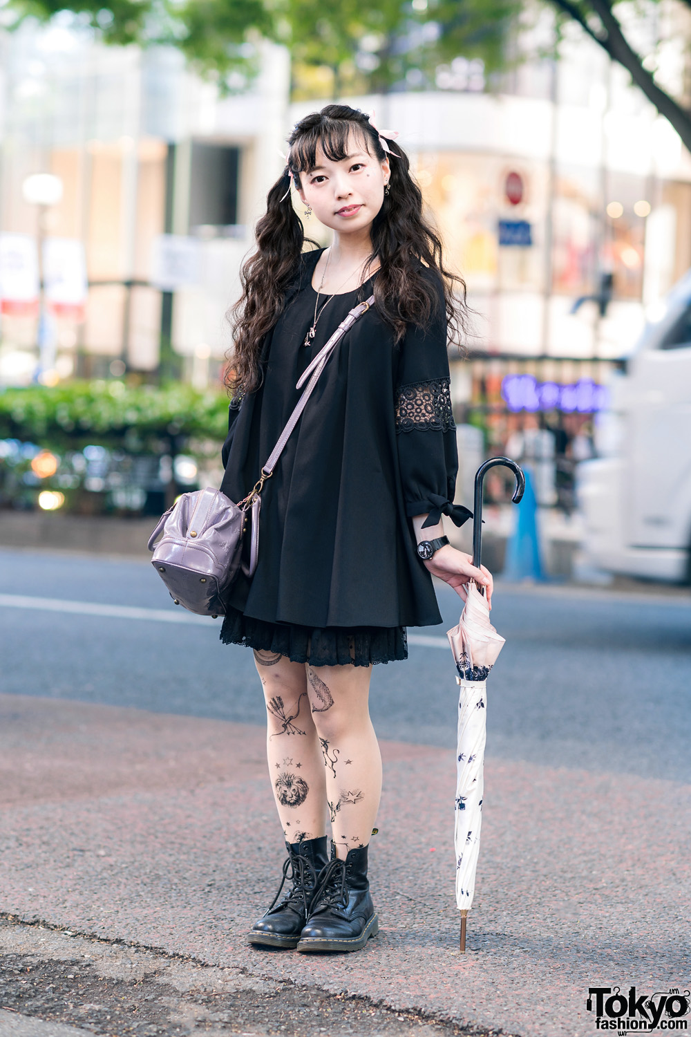 Twin Tails, Digital Print Sheer Stockings, Flared Blouse, Lace Skirt, Anna Sui Bag & Dr. Martens Boots in Harajuku