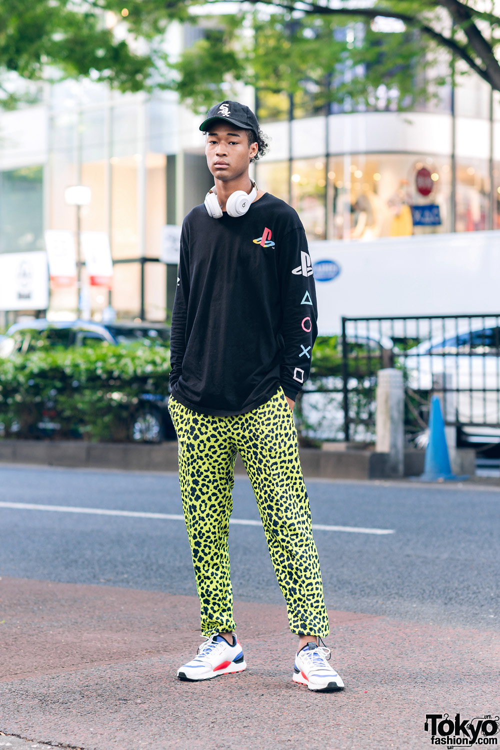Model's Casual Streetwear Tokyo Fashion w/ Chicago Sox Cap, Headphones, Forever21 Playstation Sweatshirt, Cheetah Print Pants & Puma Sneakers