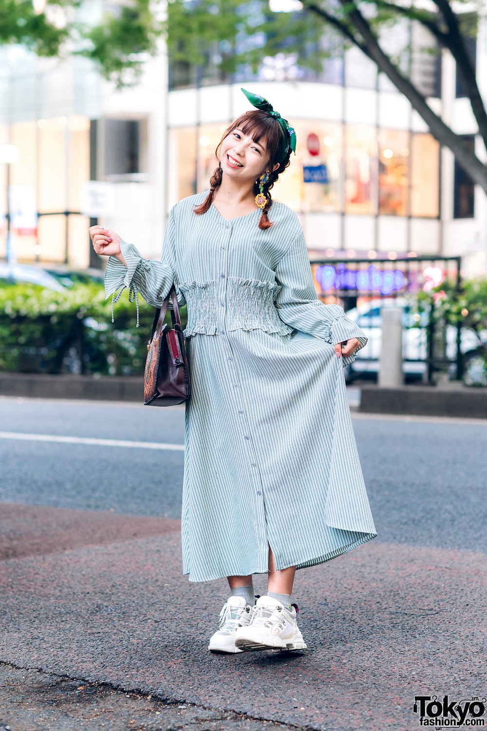 Vintage-Inspired Tokyo Street Style w/ Headscarf, Striped Dress, Handmade Earrings, Vintage Handbag & Gucci Chunky Sneakers