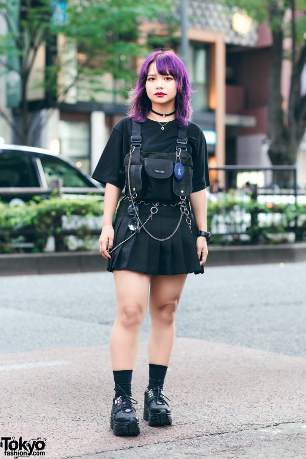 Harajuku Streetwear w/ Purple Hair, UNIQLO x Street Fighter Shirt, Romantic Standard Pleated Skirt, Burlesque Harness Bag & Yosuke Chunky Shoes