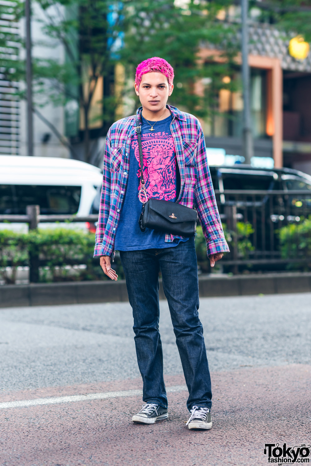 BubbleGum Designer in Harajuku w/ Pink Hair, Beams Flannel Shirt, Supreme Pants, Futura, Vivienne Westwood & Monochrome Sneakers