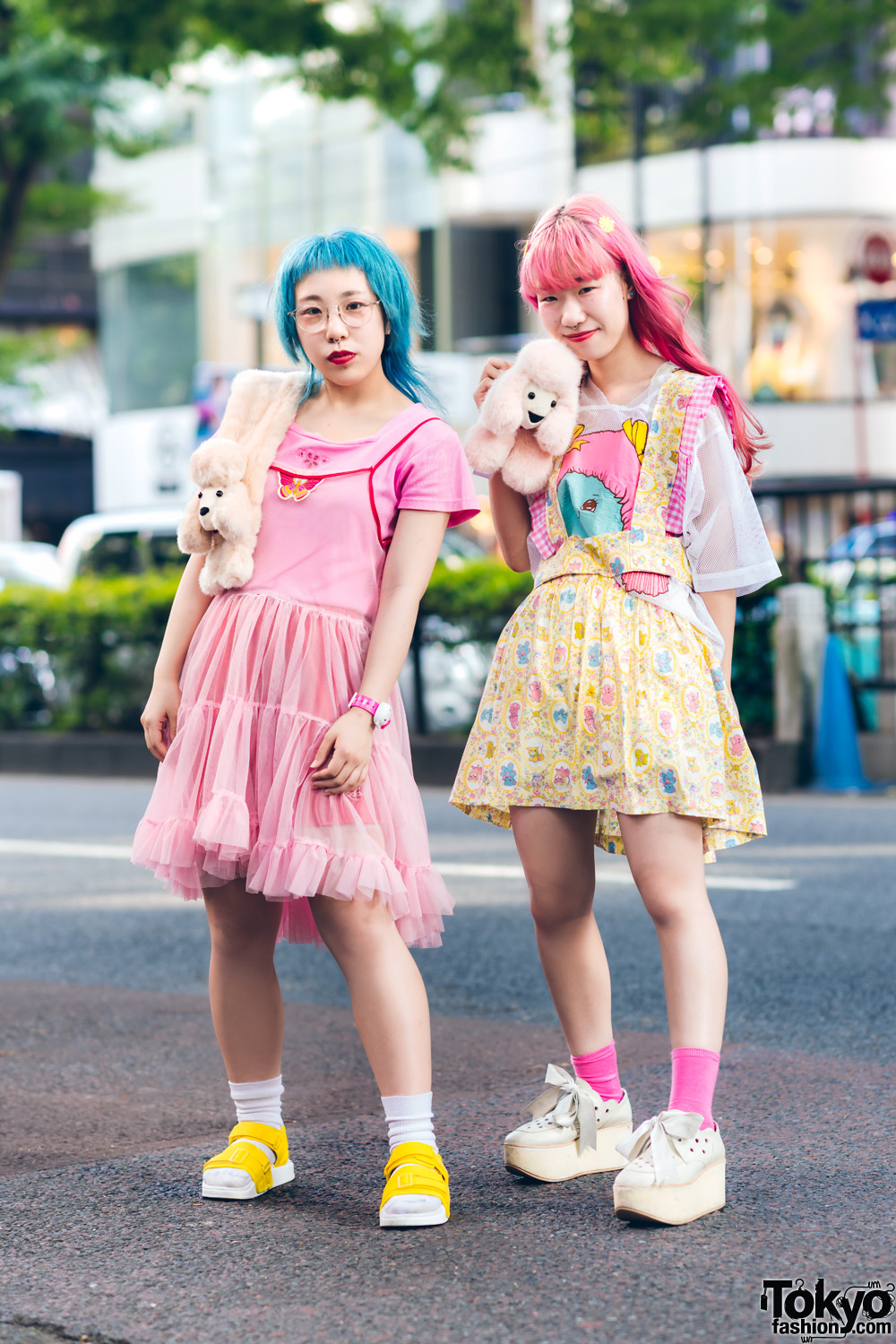 Japanese Streetwear Styles w/ Blue & Pink Hair, Furry Neckpiece, Adidas Shorts, Jenny Fax Mesh Top, Tokyo Bopper Cutout Shoes & Handmade Fashion