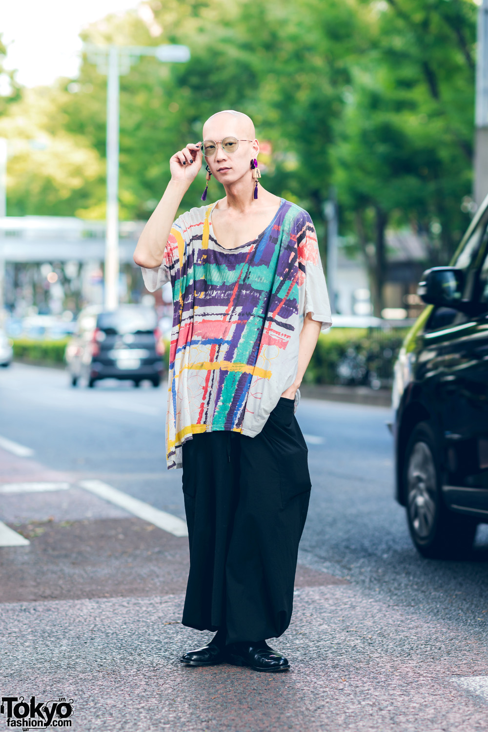Japanese Model & Musician's Street Look w/ Mahjong Tassel Earrings, Nozomi Ishiguro Graphic Print Top, Depression Tribe Pants & Loake Chelsea Boots
