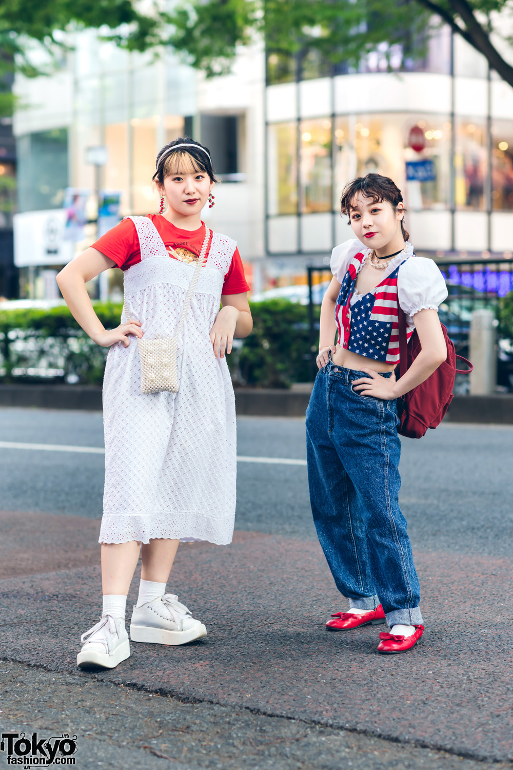 Red, White & Blue Streetwear Fashion in Harajuku w/ American Flag Vest, Nadia Zara Eyelet Dress, Forever21, Spinns, Fjallraven Kanken, Lee and Tokyo Bopper
