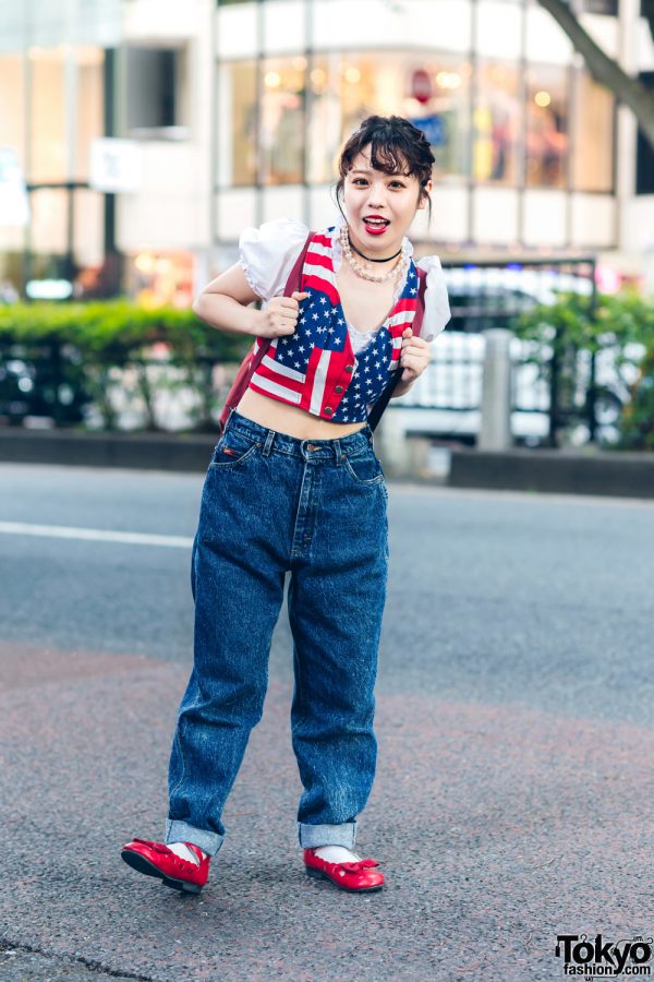 Red, White & Blue Streetwear Fashion in Harajuku w/ American Flag Vest ...