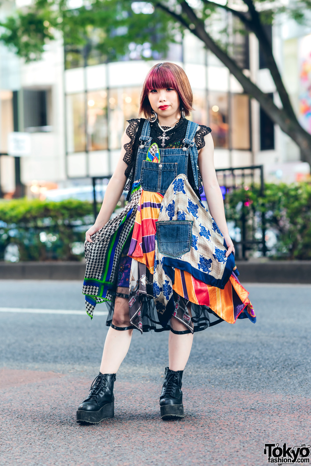 Layered Streetwear Fashion in Harajuku w/ Pink Bangs, Crochet Dress, Codona De Moda Overall Dress, (ME) Harajuku Cross Necklace & Lace-Up Boots