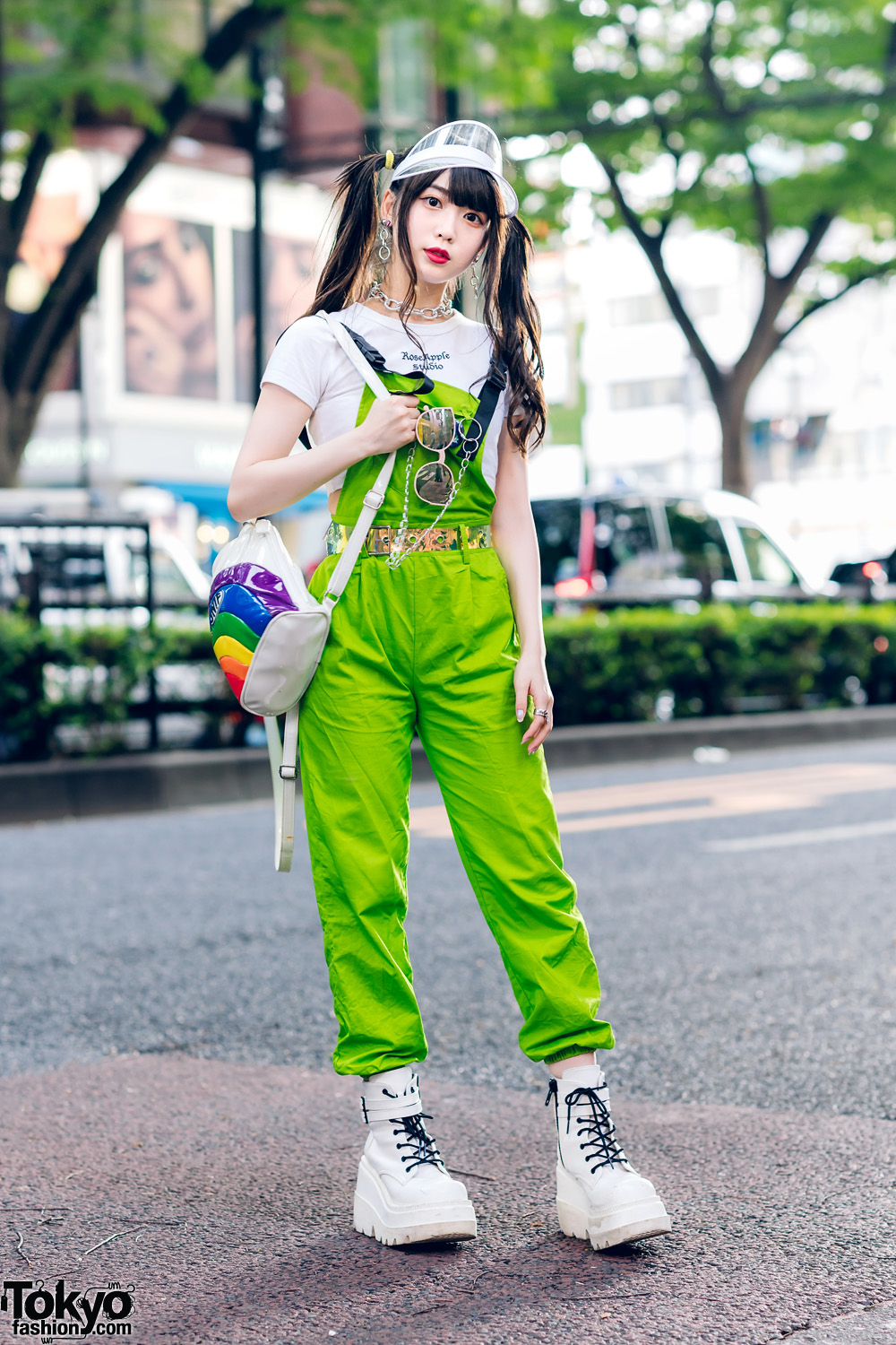 Japanese Pop Idol in Harajuku w/ Twin Tails, Clear Visor, Rose 