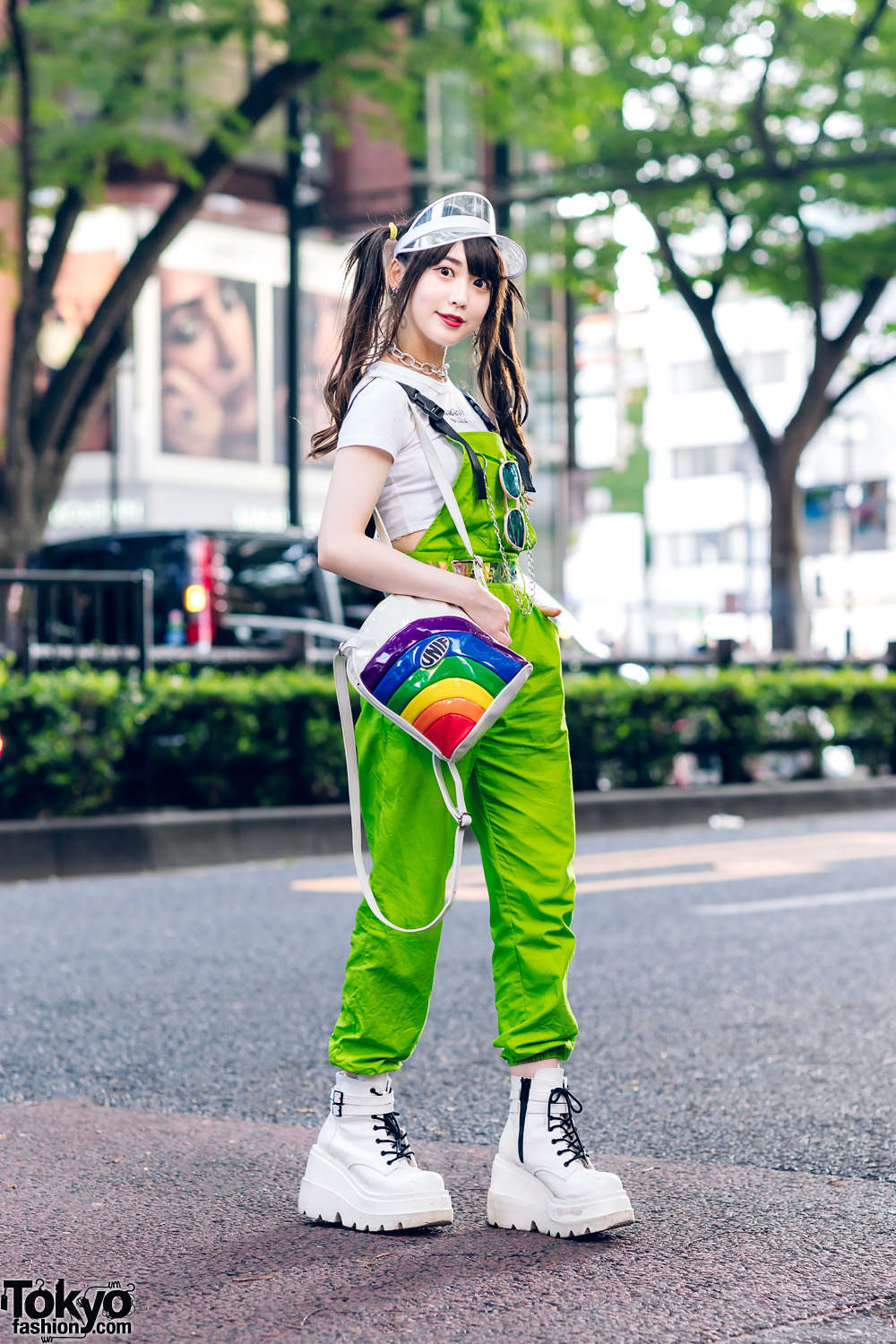 Japanese Pop Idol in Harajuku w/ Twin Tails, Clear Visor, Rose 