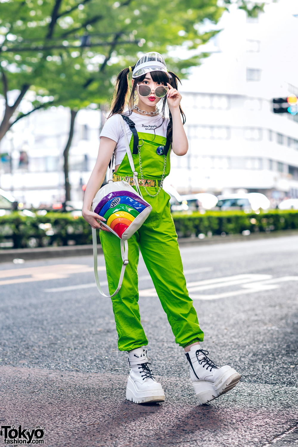 Japanese Pop Idol in Harajuku w/ Twin Tails, Clear Visor, Rose Apple Studio Crop Top, UNIF Rainbow Backpack & Demonia Shoes