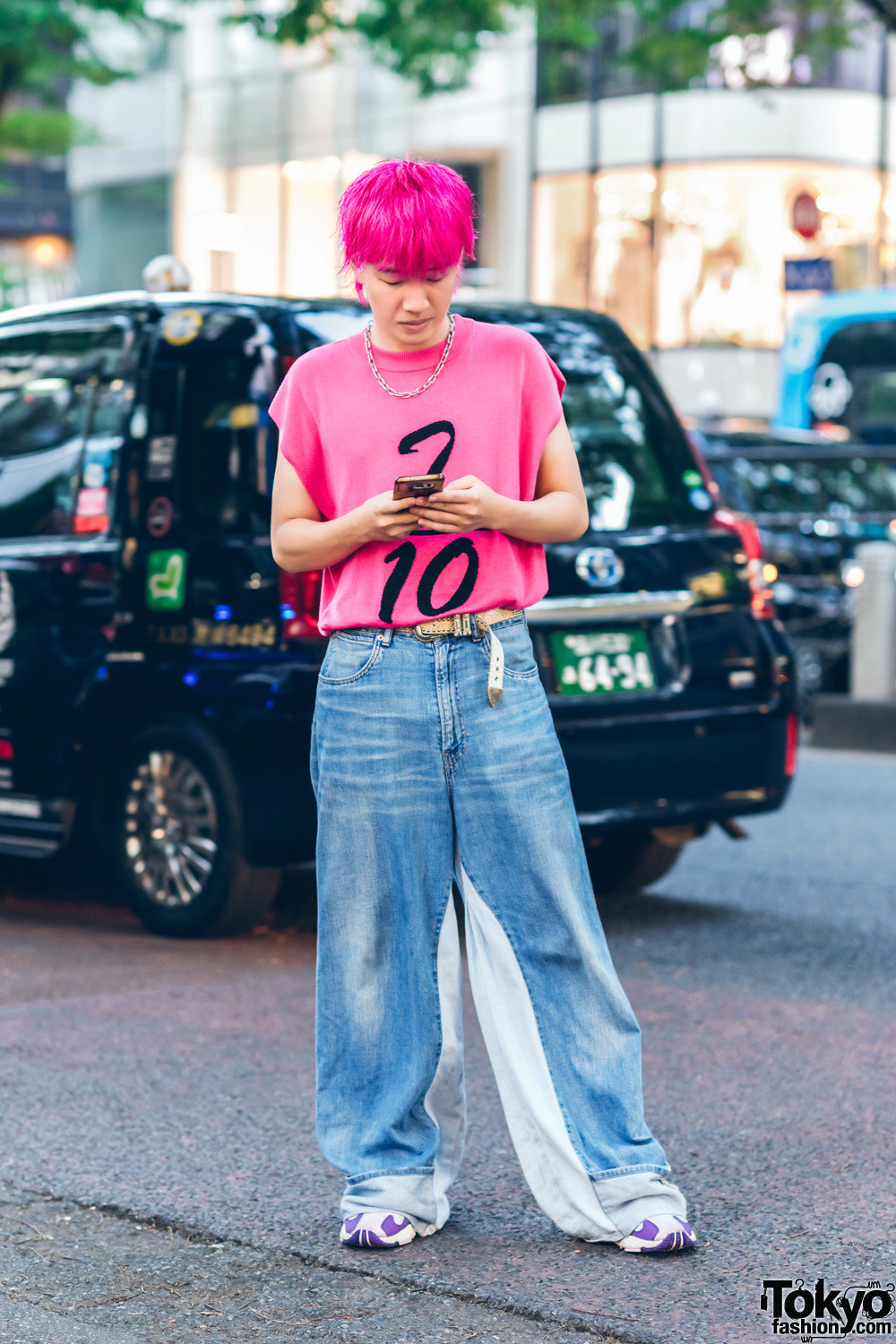 Harajuku Denim Style w/ Pink Hair, Kobinai Top, Denim Jeans & Adidas Sneakers