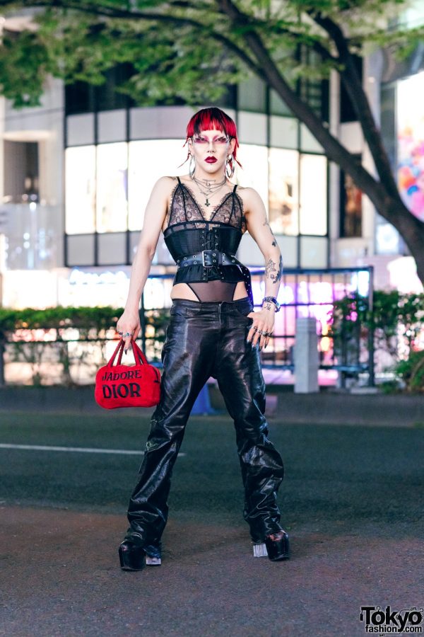 Red & Black Avantgarde Harajuku Street Style w/ Sheer Lace Bodysuit, Corset, Marques Almeida Leather Pants, Platform Boots & Dior Bag