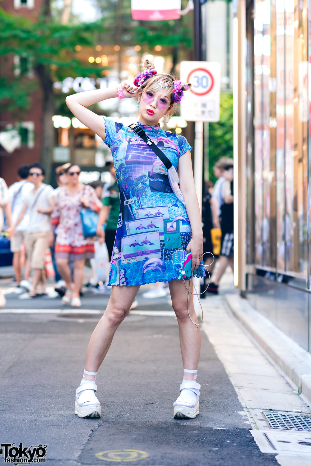 Harajuku Monster Girl w/ HOROSCOPEZ Vaporwave Dress, Gallerie Tokyo Mesh Bag & Platform Glitter Sandals