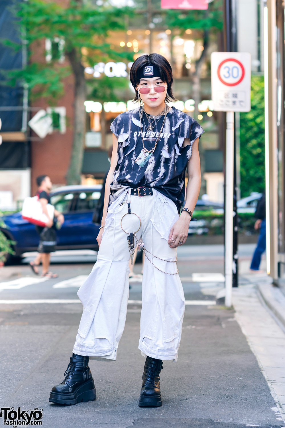 Deconstructed Streetwear Style in Harajuku w/ DYOG Headband, Torn Shirts, Onika Collection, Faith Tokyo & Demonia Boots