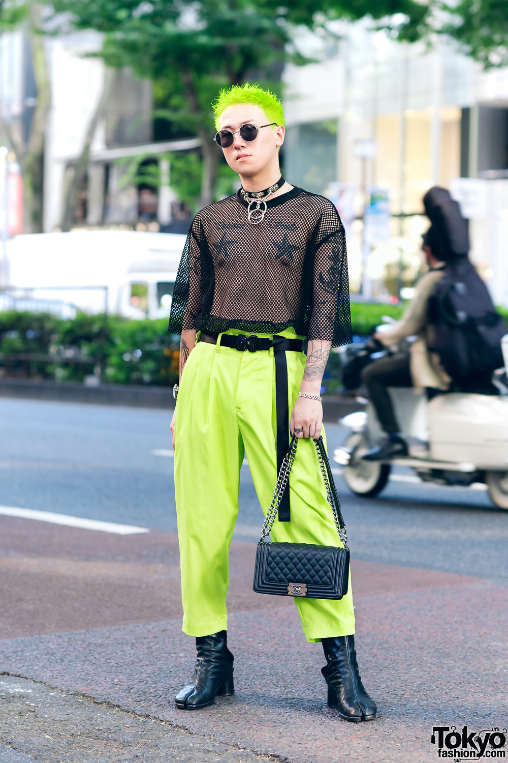 Neon Harajuku Street Style w/ H&M Mesh Top, Vintage Pants, Maison Margiela Tabi Boots, Chanel & Louis Vuitton