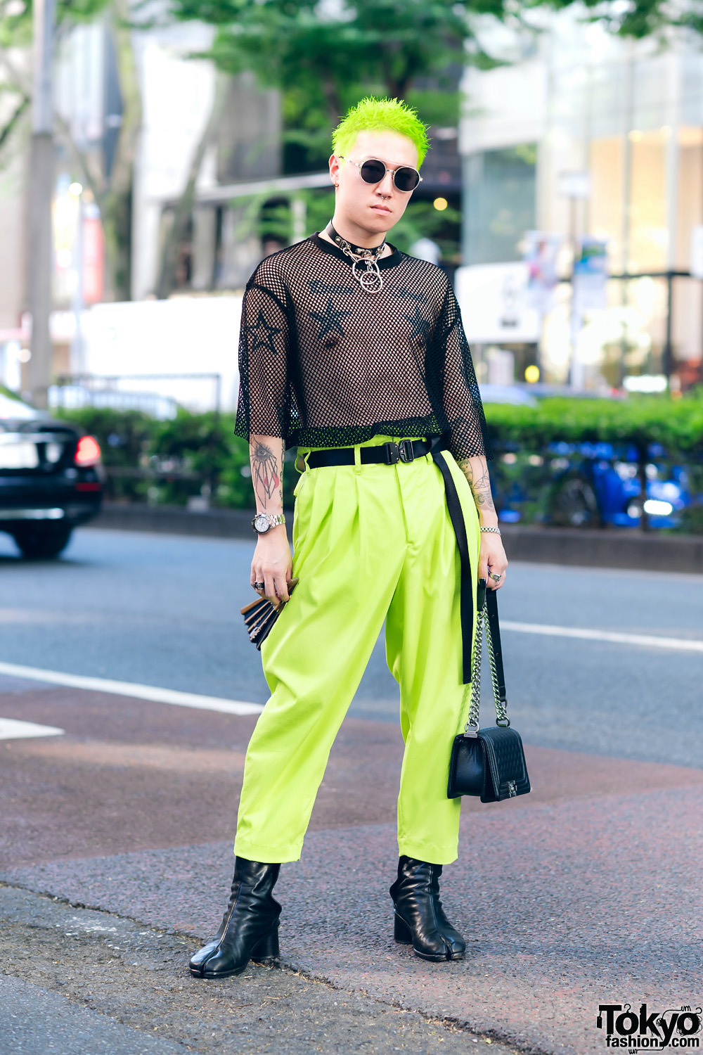 Neon Harajuku Street Style w/ H&M Mesh Top, Vintage Pants, Maison ...