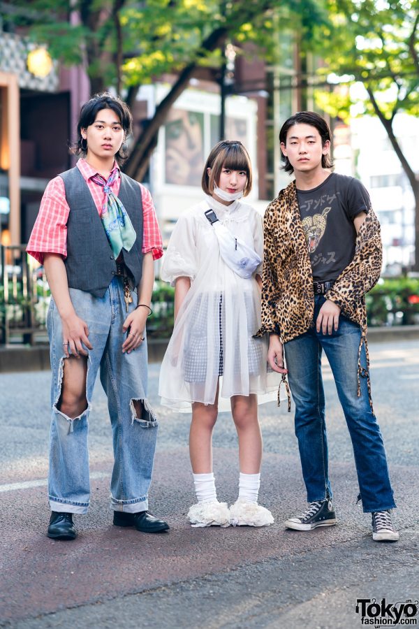 Japanese Teen Trio Streetwear Styles w/ Vampire Fangs, Plaid Vest, Tommy Hilfiger, Sheer Dress, Merry Jenny, Converse & Resale Fashion