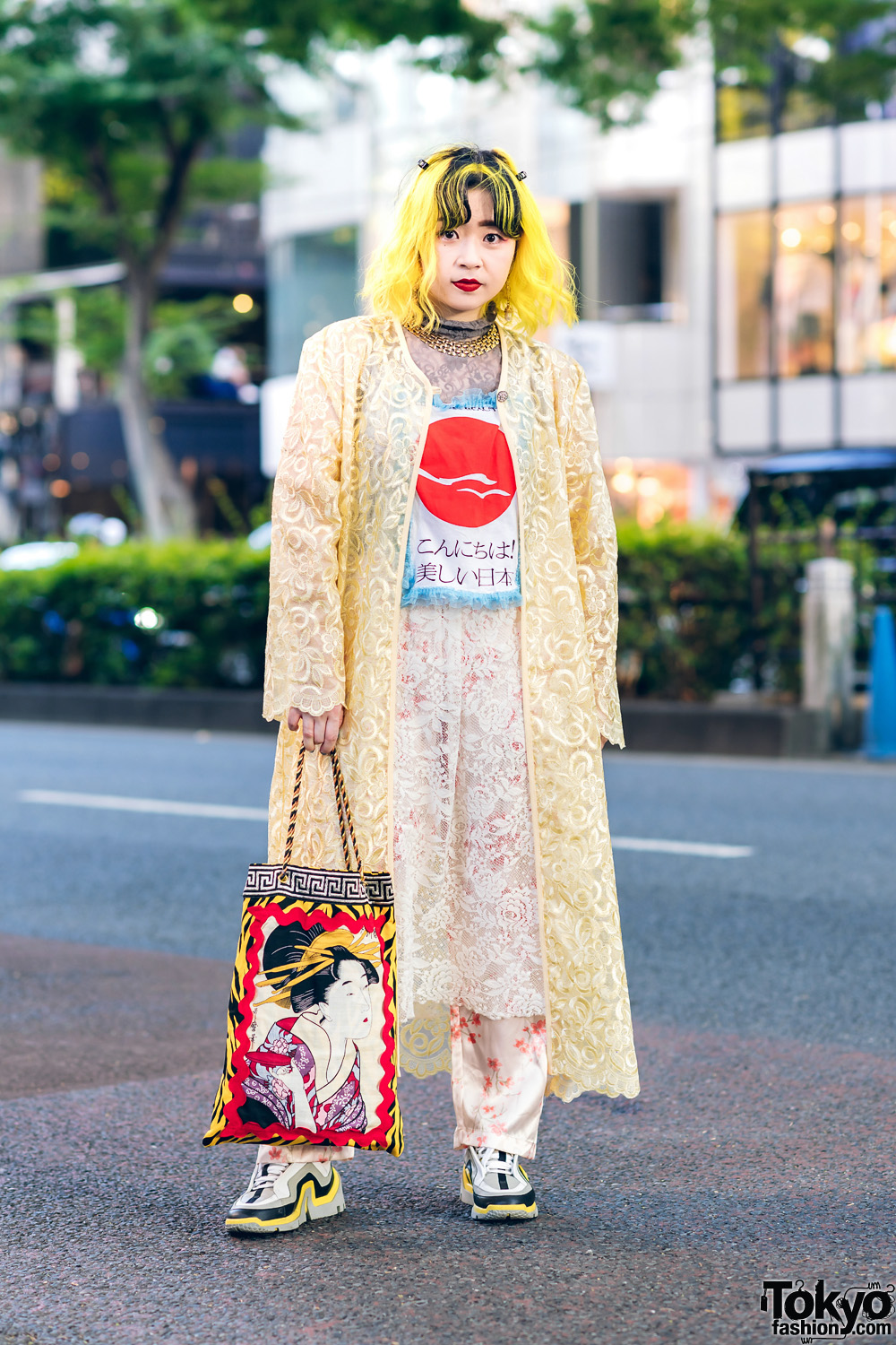 Tokyo Floral Lace Style w/ Handmade Graphic Print Bag & Pierre Hardy Sneakers