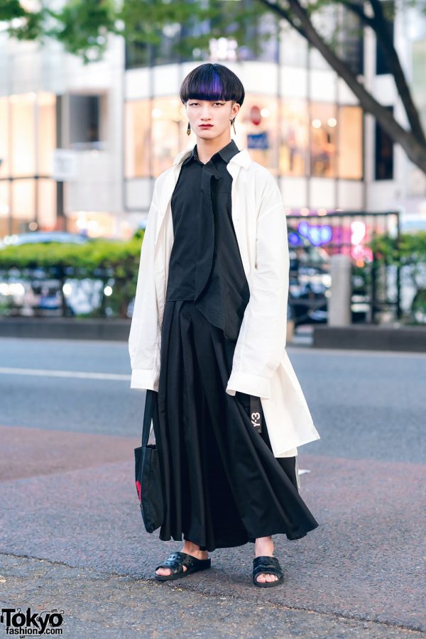 Yohji Yamamoto Monochrome Street Style w/ Blunt Bob, Y-3 Long Shirt, Y’s Bang On! Wide Leg Pants, SAAD &a VIC Leather Slides