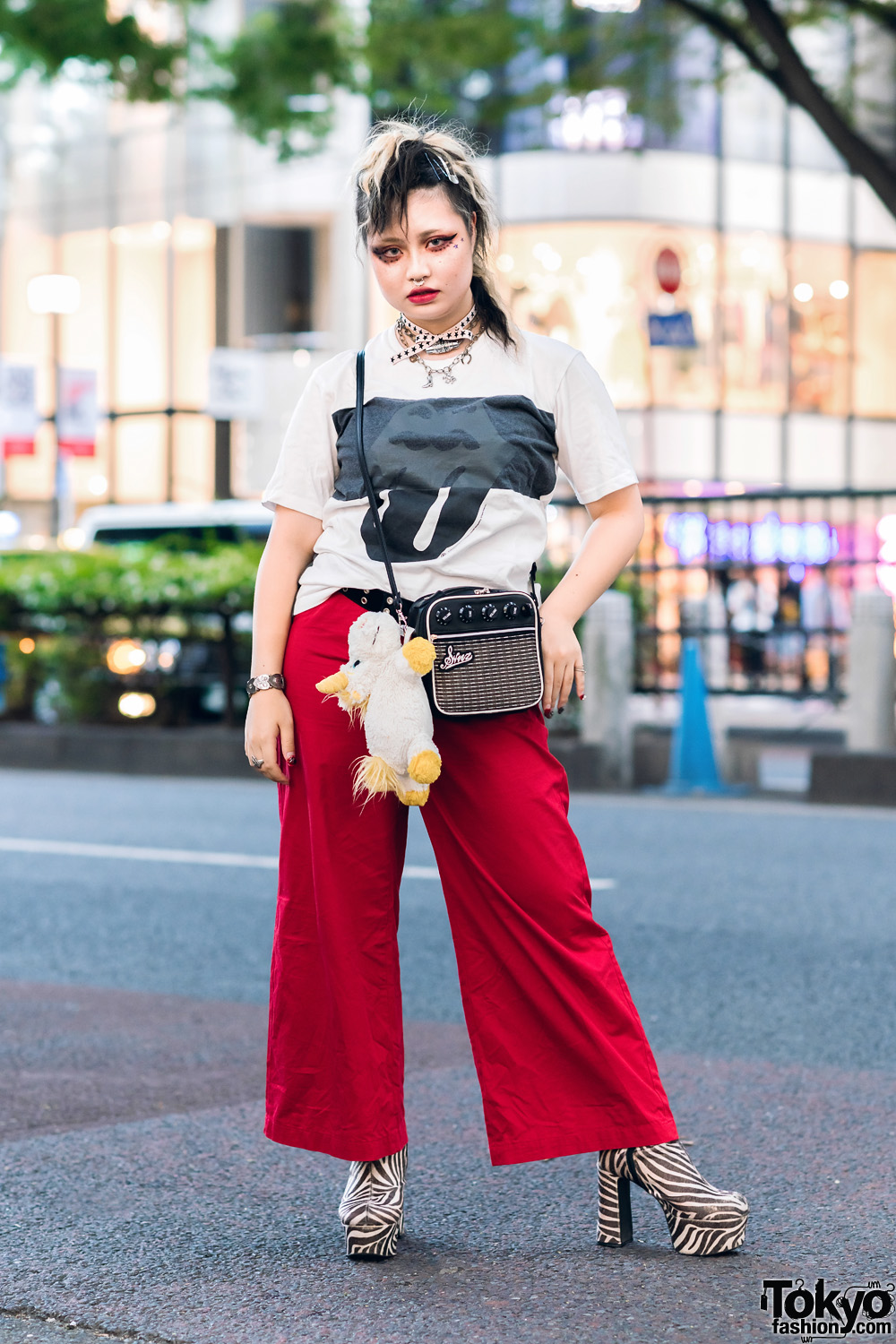 Harajuku Rock Look w/ Rolling Stones Shirt, Red Pants, Sinz Amplifier Bag & OK Zebra Print Boots