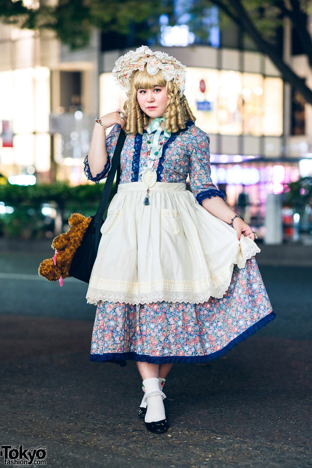 Harajuku Street Style w/ Blonde Ringlets, Bow Headdress, Floral Print Dress, Apron Skirt, Satsuski Amamiya Bear Bag, Millna, Cold Sleep & GU Ballerina Flats