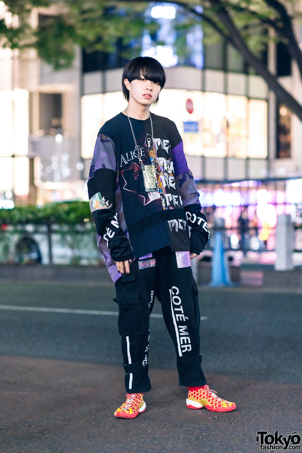 Japanese Teen Model in Cote Mer Graphic Print Streetwear Style w/ Blunt Bob, Mobile Chain Necklace & Adidas x Pharrel Williams Chinese New Year Sneakers