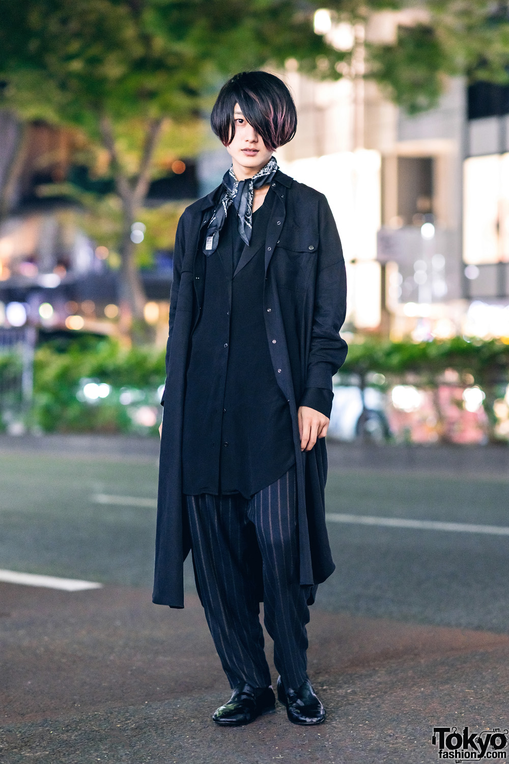 All Black Zara Menswear Look in Harajuku w/ Neck Scarf, Layered Tops, Pinstripe Pants, The Ginza Toe & Leather Loafers