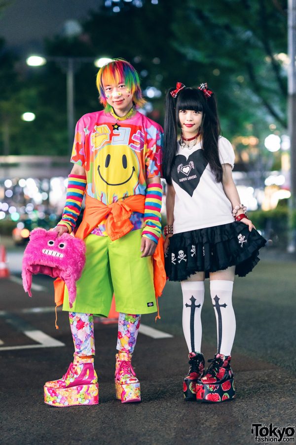 Harajuku Kawaii & Gothic Street Styles w/ Rainbow Hair, Fuzzy Monster Hat, Super Lovers, 6%DokiDoki & ACDC Rag Platform Sneakers