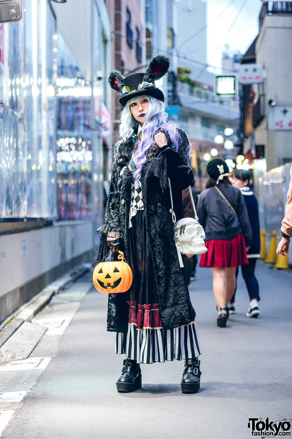 Gothic Halloween Street Style w/ Pastel Half Color Hair, Bunny Ears Top Hat, Red Contacts, Pumpkin Bag, Killstar Skull Bag, Kiki-Rara Shoten, Sheglit & Dangerous Nude