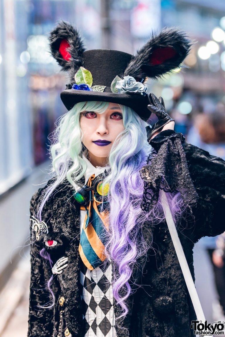 Gothic Halloween Street Style w/ Pastel Half Color Hair, Bunny Ears Top ...