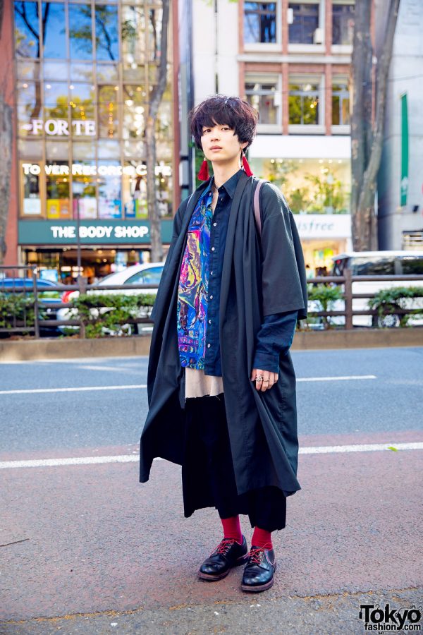Tokyo Layered Streetwear Style w/ Red Tassel Earrings, Vintage Fashion, GU, Cayhane & Hawkins