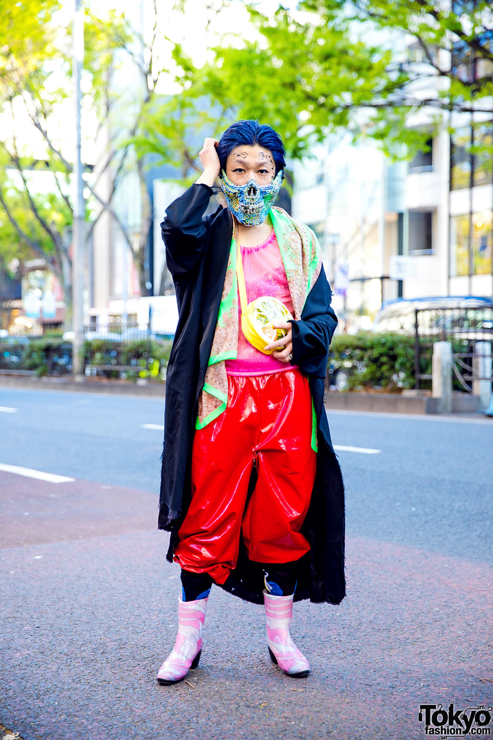 Tokyo Deconstructed Street Style w/ Blue Hair, Jeweled Mask, Sulvam Coat, Sheer Organza Top, Patent Pants & Rain Boots