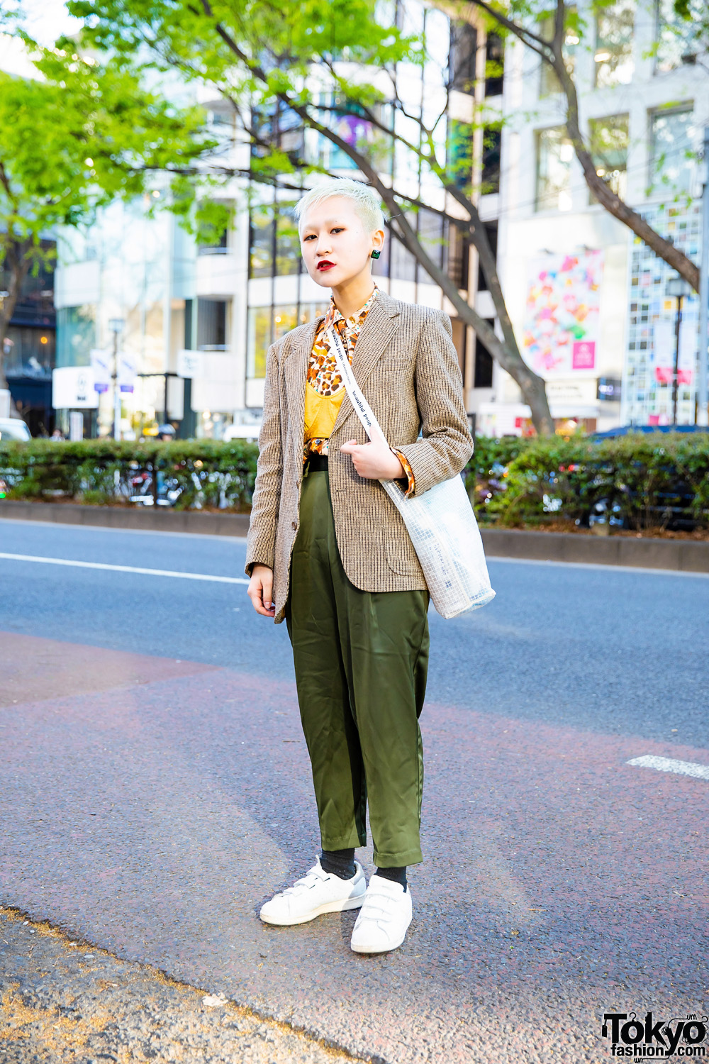 Retro Vintage Street Style in Harajuku w/ Shaved Hairstyle, Textured Coat, Bralette, Satin Pants, Beautiful People Tote & Adidas Sneakers