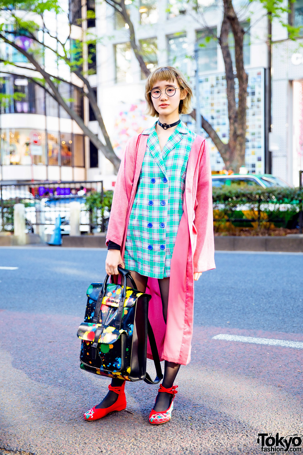 Harajuku Streetwear Style w/ Candy Stripper Choker, Jouetie Robe, Nadia, Paint-Splattered Satchel & Dr. Martens