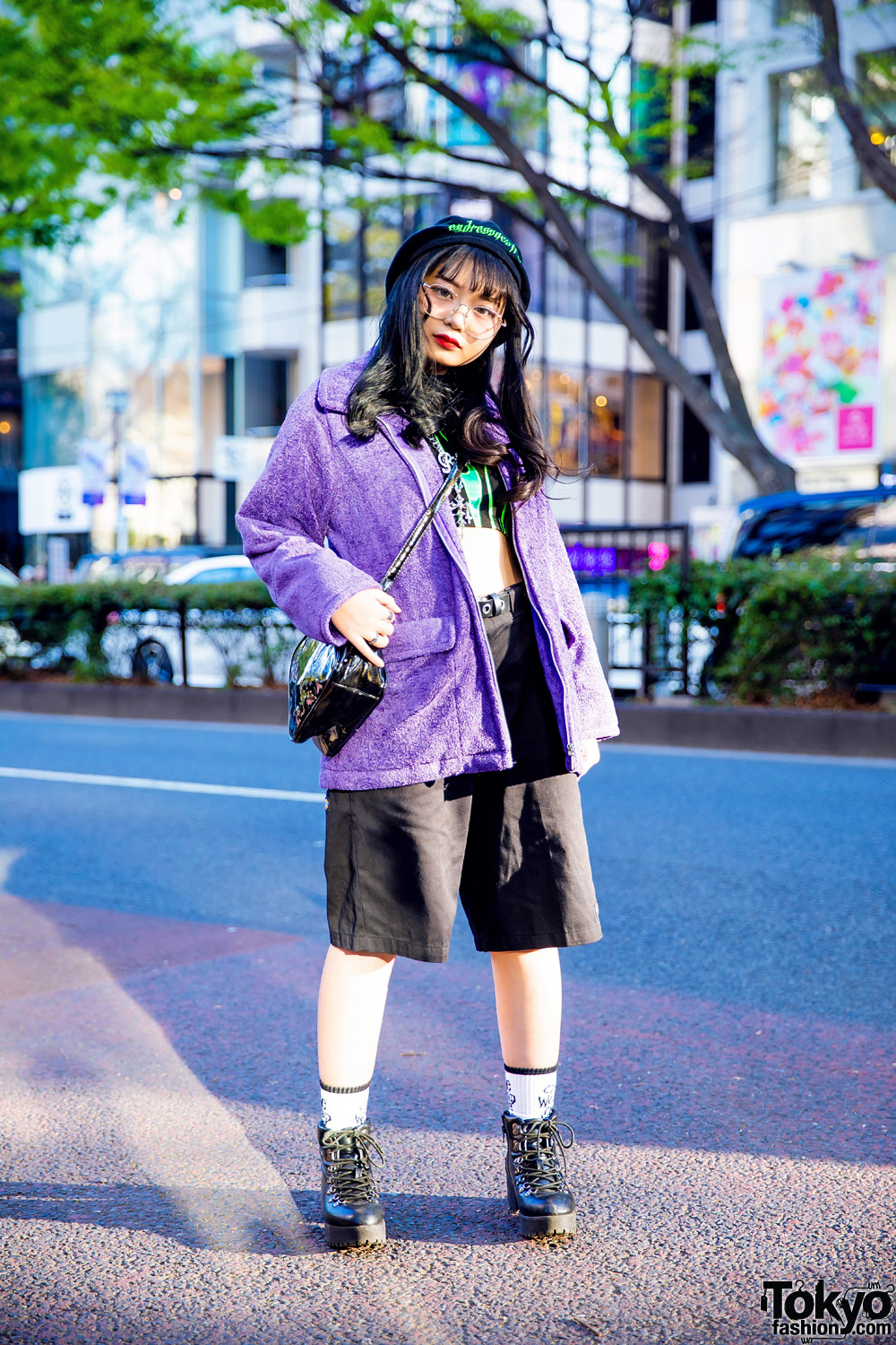 Harajuku Streetwear Style w/ Fig & Viper Crop Top, Black Beret, Purple