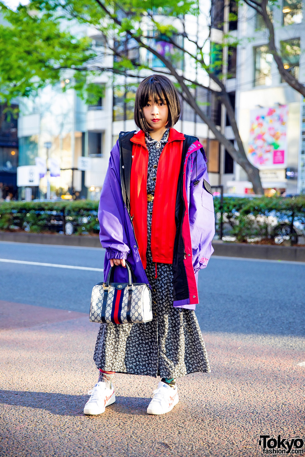 Tokyo Vintage Street Style w/ Layered Jackets, Floral Print Dress, Puma, Gucci & Onitsuka Tiger
