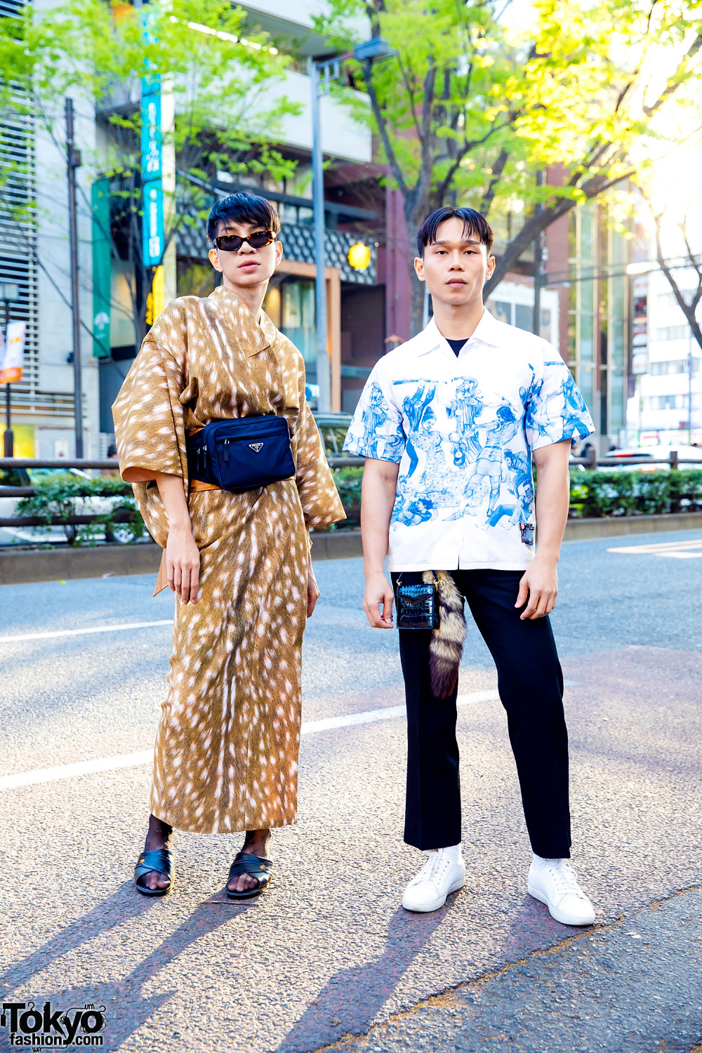 Tokyo Street Styles w/ Tortoiseshell Sunglasses, Animal Print Kimono, LV Sheer Stockings, Prada Bag, Leather Slides & Sneakers
