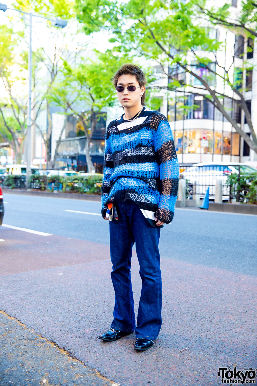 Casual Blue Streetwear Style in Harajuku w/ Spiky Hair, Labrat Necklace, Number (N)ine, Levi's & Leather Loafers