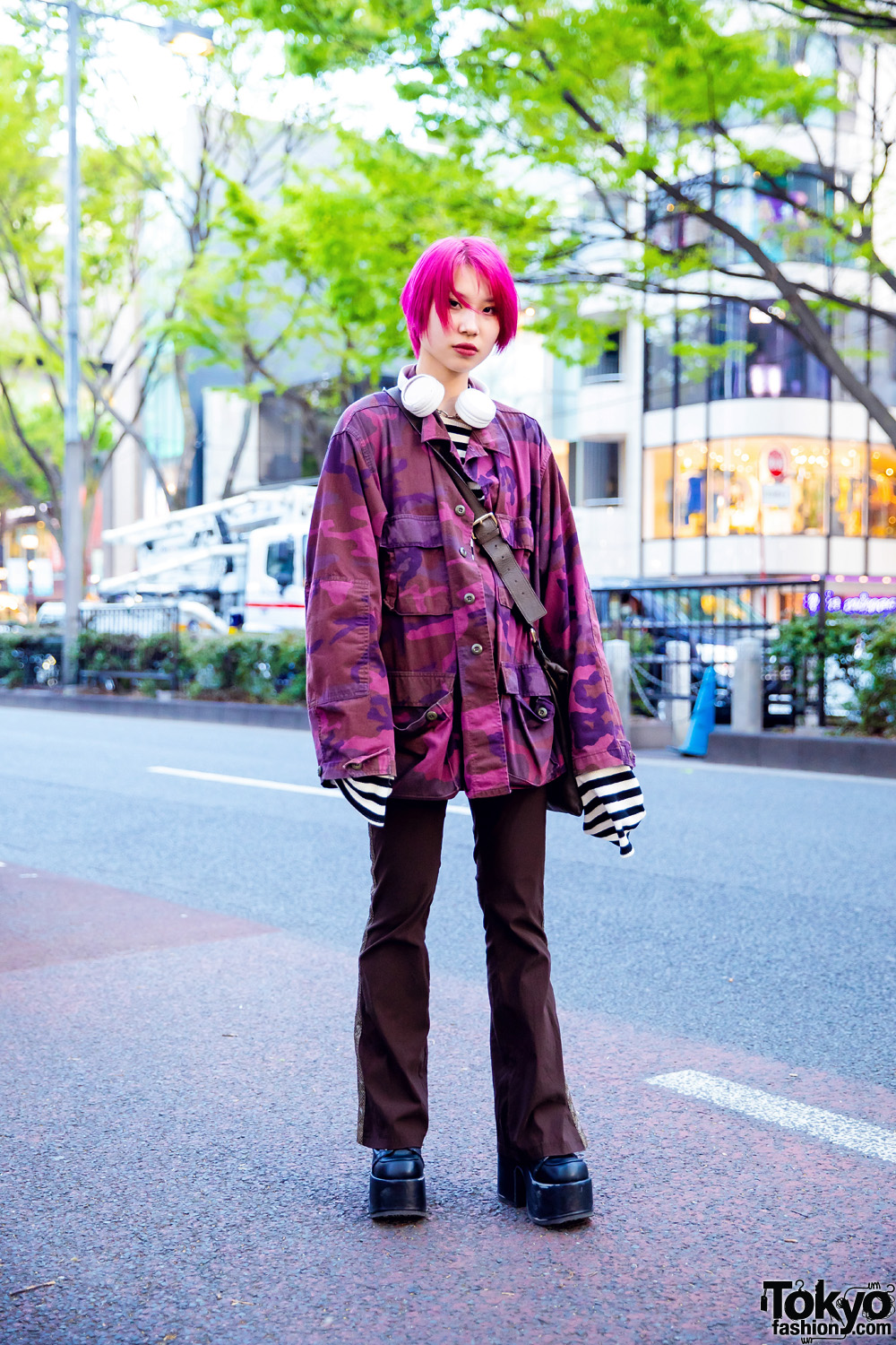 Harajuku Girl Street Style w/ Pink Hair, Pink Camouflage Top, Faith Tokyo Striped Shirt, Pinnap Pants, 8(eight) Bag & Demonia Boots