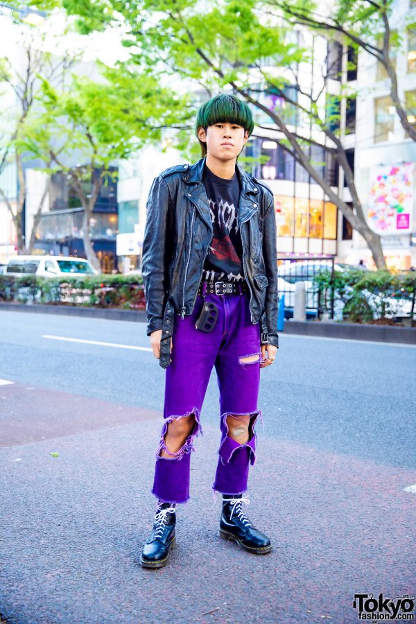 Green Hair & Purple Pants Harajuku Punk Rock Street Style w/ Vintage Leather Jacket, John Lawrence Sullivan, Custom Uniqlo, Dr. Martens & Blackmeans