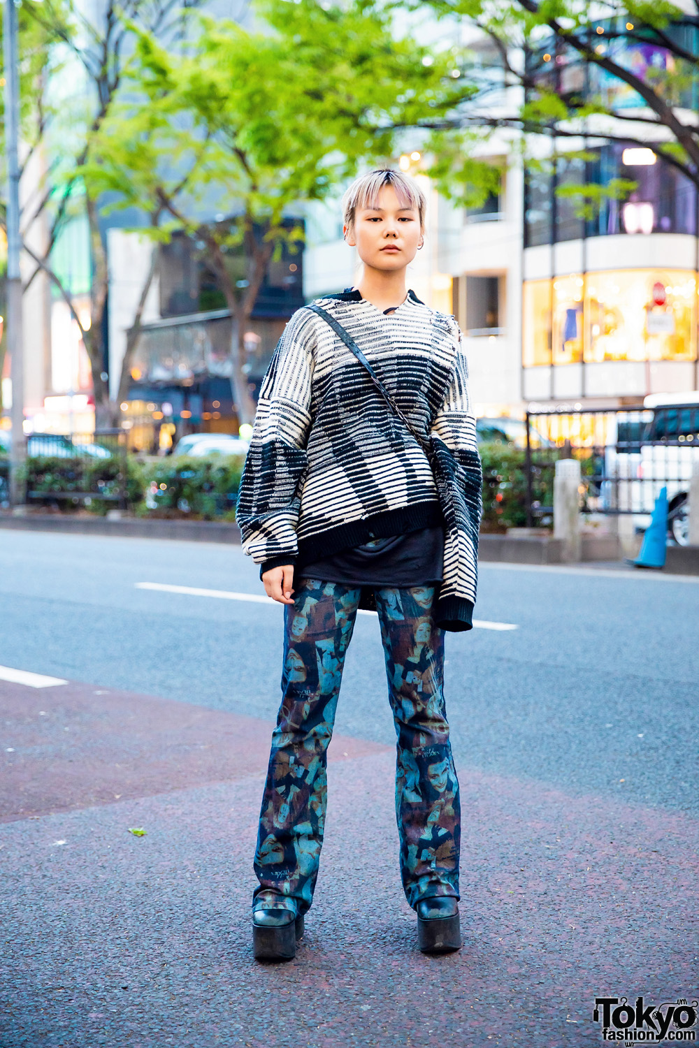 Blonde Pixie Cut, Ripped Sweater, Face Print Pants, Vivienne Westwood Sling & Tokyo Bopper Platforms