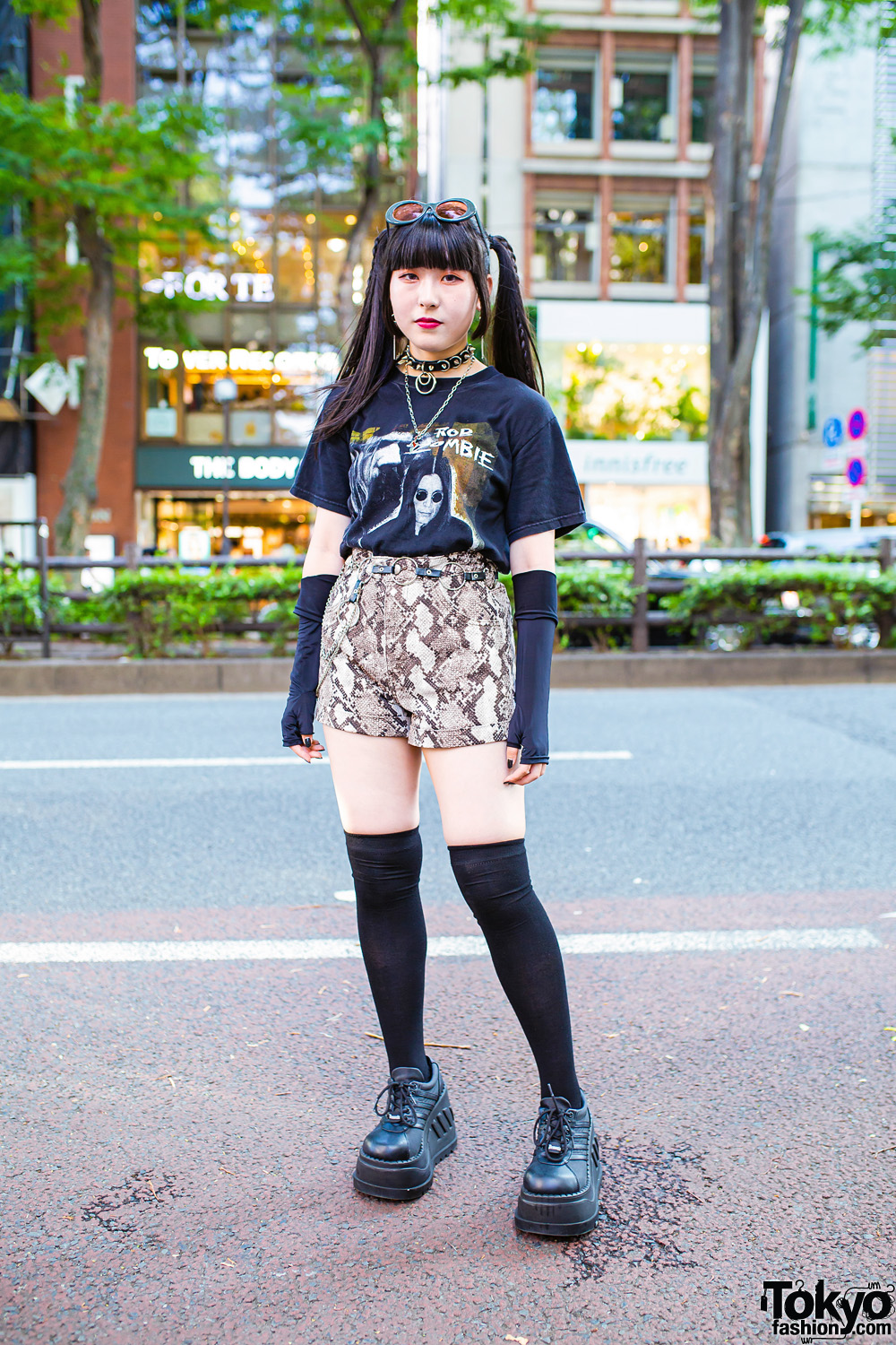 Harajuku Girl Streetwear Look w/ Twin Tails, Rob Zombie Shirt, Snakeskin Shorts, Never Mind the XU & Demonia