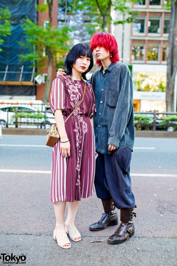 Japanese Teen Duo’s Street Styles w/ Red Hair, Rosy Baroque Dress, Comme Des Garcons Shirt, Vintage Suspender Pants, Slip-Ons & Saint Laurent Rive Gauche Boots