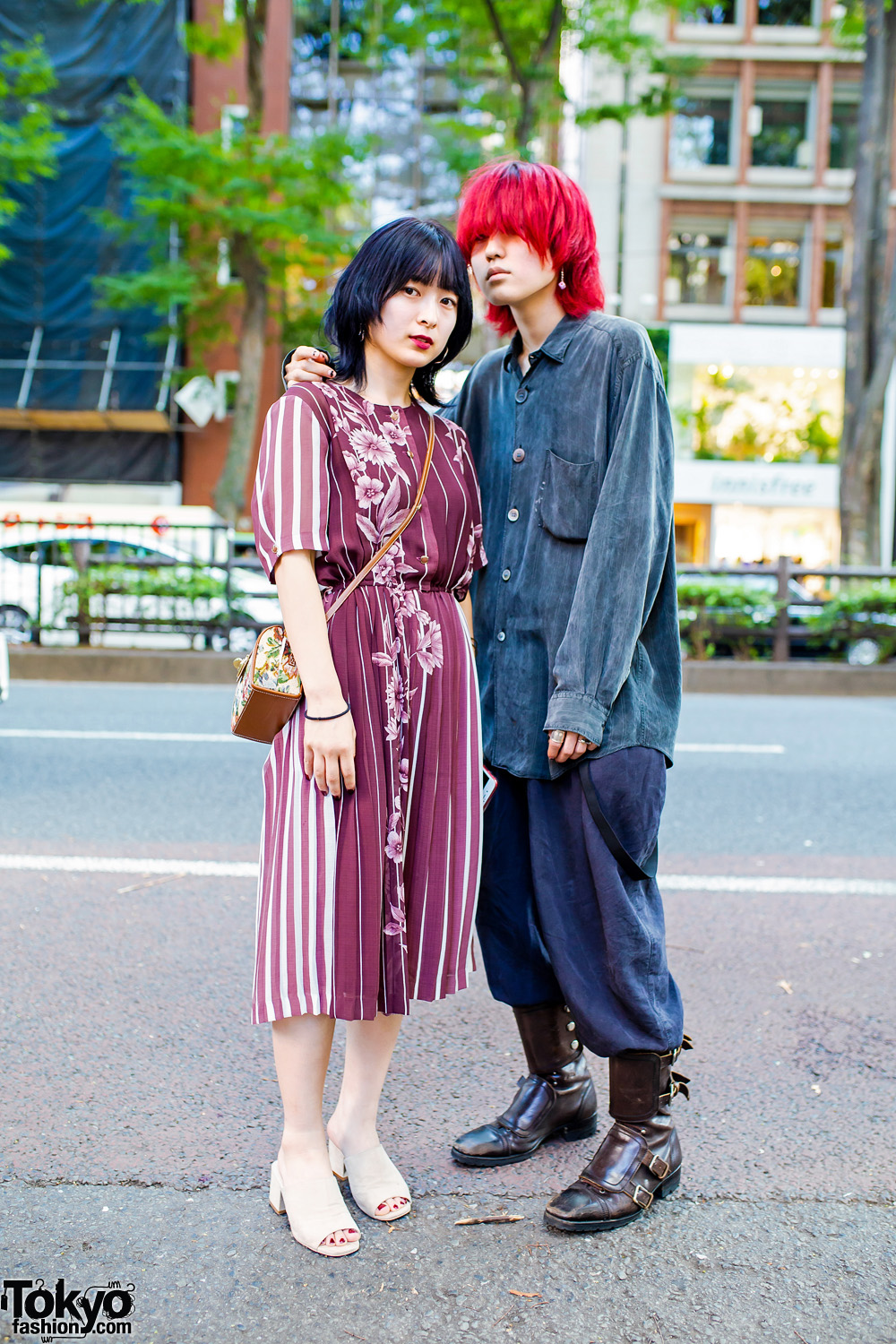Japanese Teen Duo's Street Styles w/ Red Hair, Rosy Baroque Dress, Comme Des Garcons Shirt, Vintage Suspender Pants, Slip-Ons & Saint Laurent Rive Gauche Boots