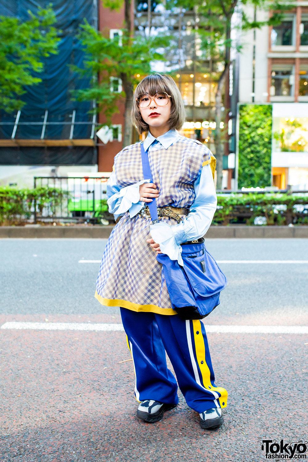 Streetwear Style in Harajuku w/ Fringed Bob, Ne-Net Smock Dress, Nike Track Pants, Vintage Bag & Urban Rider Sneakers