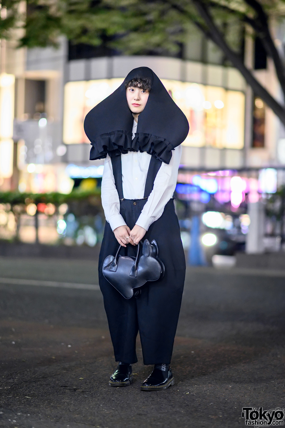 Comme Des Garcons Japanese Street Style in Harajuku w/ Headpiece, Rabbit Bag, Balloon Pants & CDG x Dr. Martens