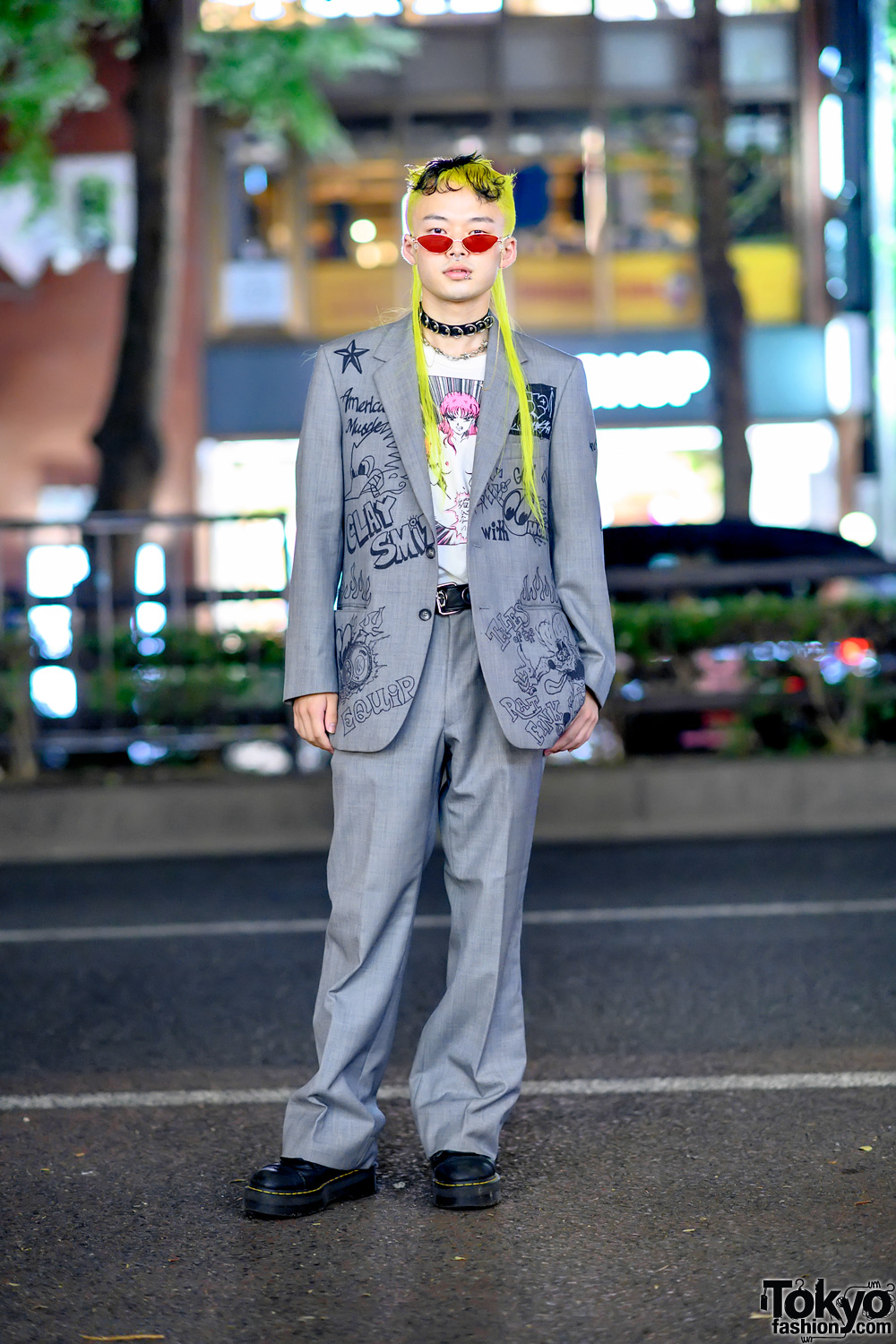 Remake Suit Style in Tokyo w/ Yellow Hair, Cat Eye Sunglasses, Graffiti Print Suit, Kobinai, Never Mind the XU & Dr. Martens Boots