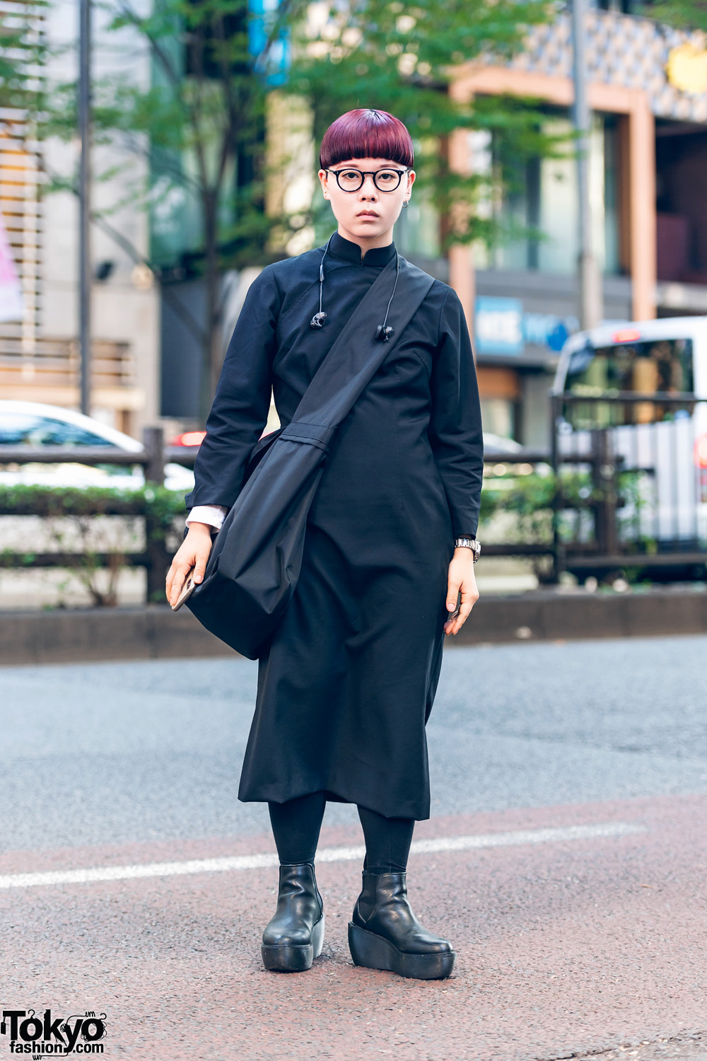 All Black Japanese Minimalist Street Style w/ Short Purple Hair, Comme des Garcons Dress, Crossbody Bag & Dr. Martens Platform Boots