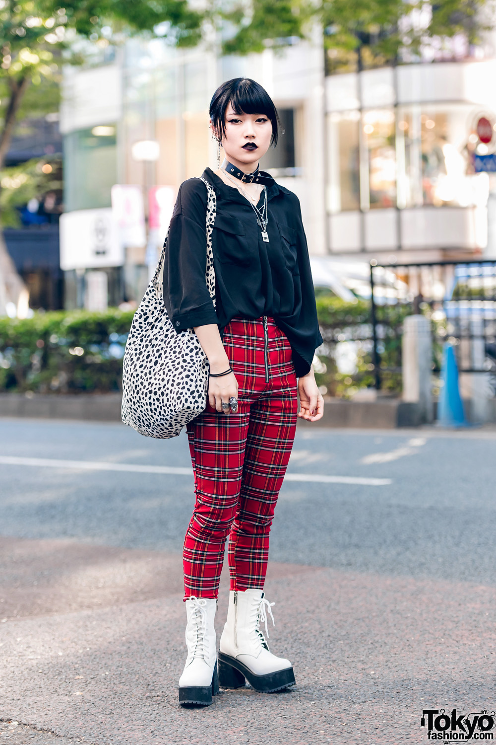 Harajuku Red & Black Style w/ Black Lipstick, Belted Choker, Zara Plaid Pants, Gucci & WEGO