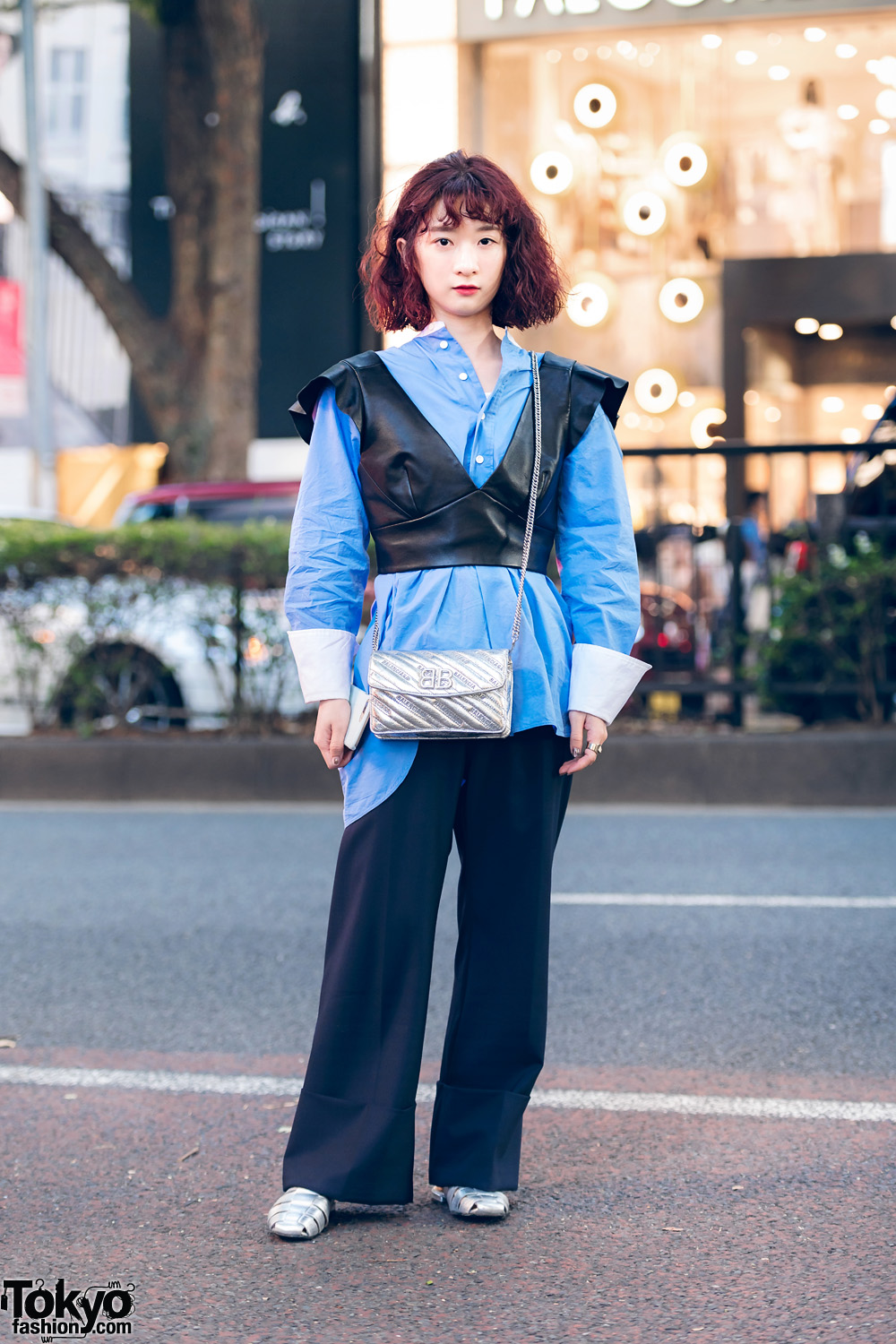 Minimalist Tokyo Street Style w/ Curly Bob, Cropped Leather Vest, Sea New York Pants, Versace Ring, Balenciaga Bag & Church's Slip-Ons