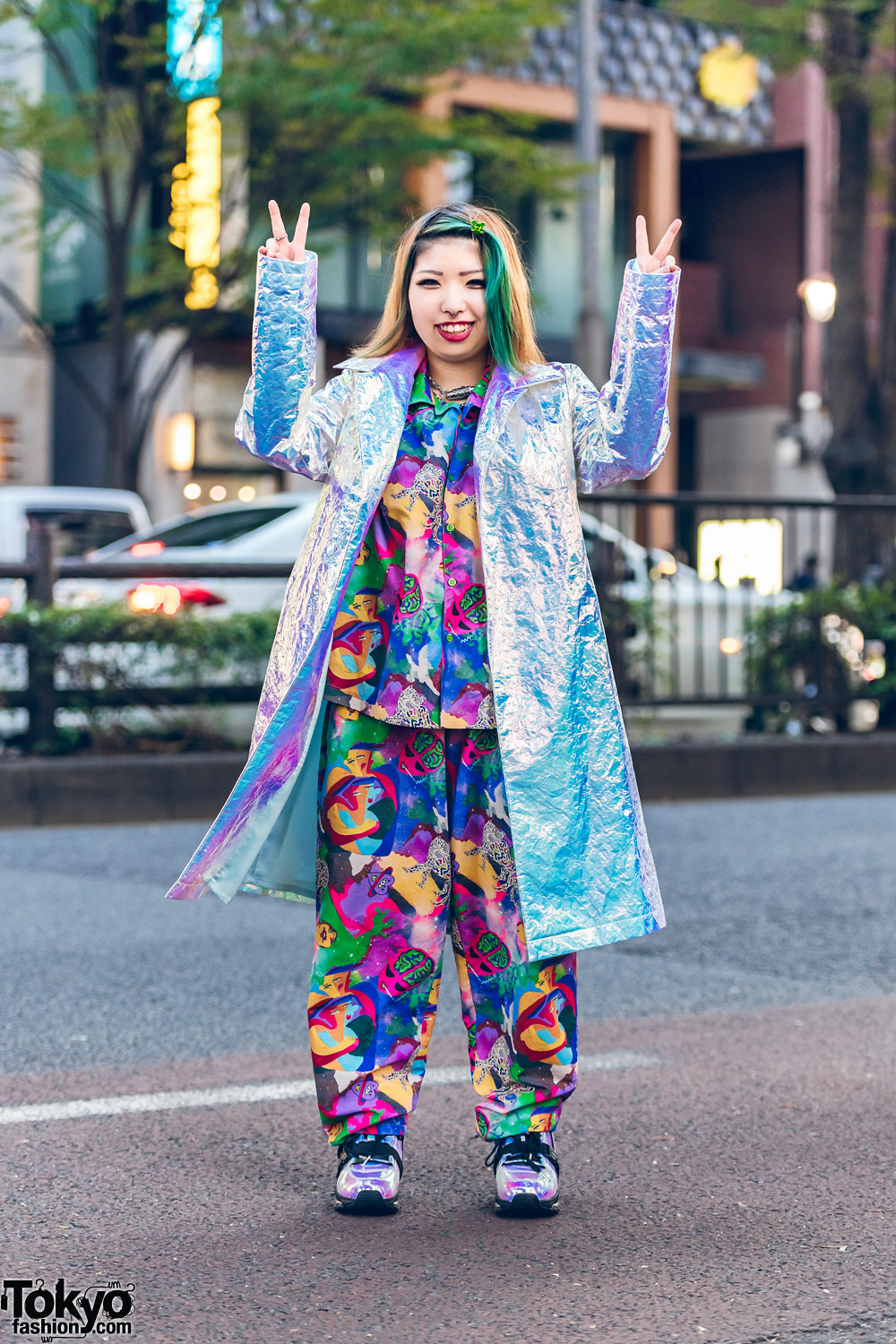 Harajuku Street Style w/ Crinkled Silver Metallic Coat, Kobinai Colorful Printed Set & YRU Iridescent Sneakers
